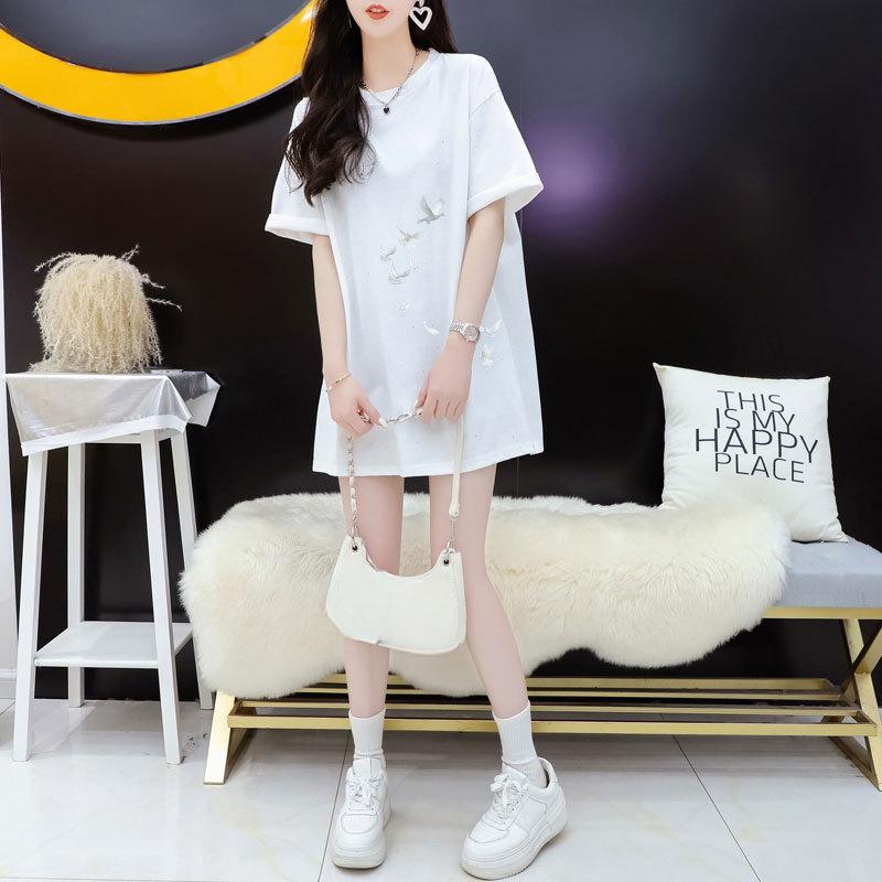 Летняя новинка для женщин Feeling Full of Stars, свободная футболка средней длины с короткими рукавами и круглым вырезом