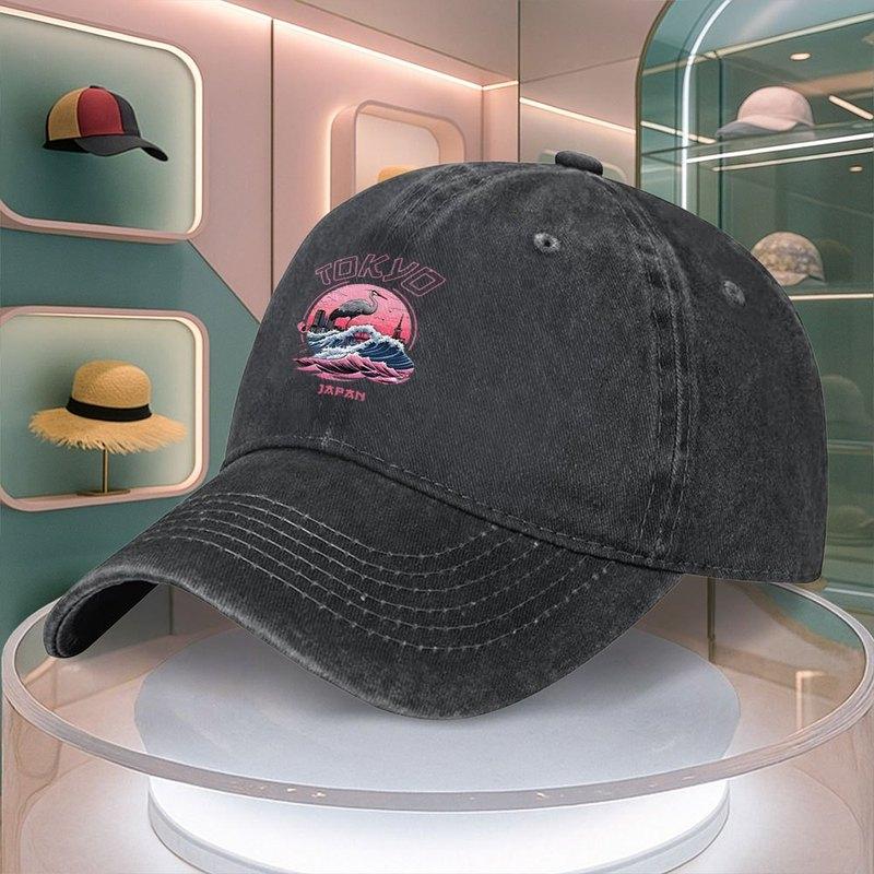 Japanese Style Crane Ocean Wave Print Mens Baseball Cap Vintage Snapback Adjustable Curved Brim Unisex Hat
