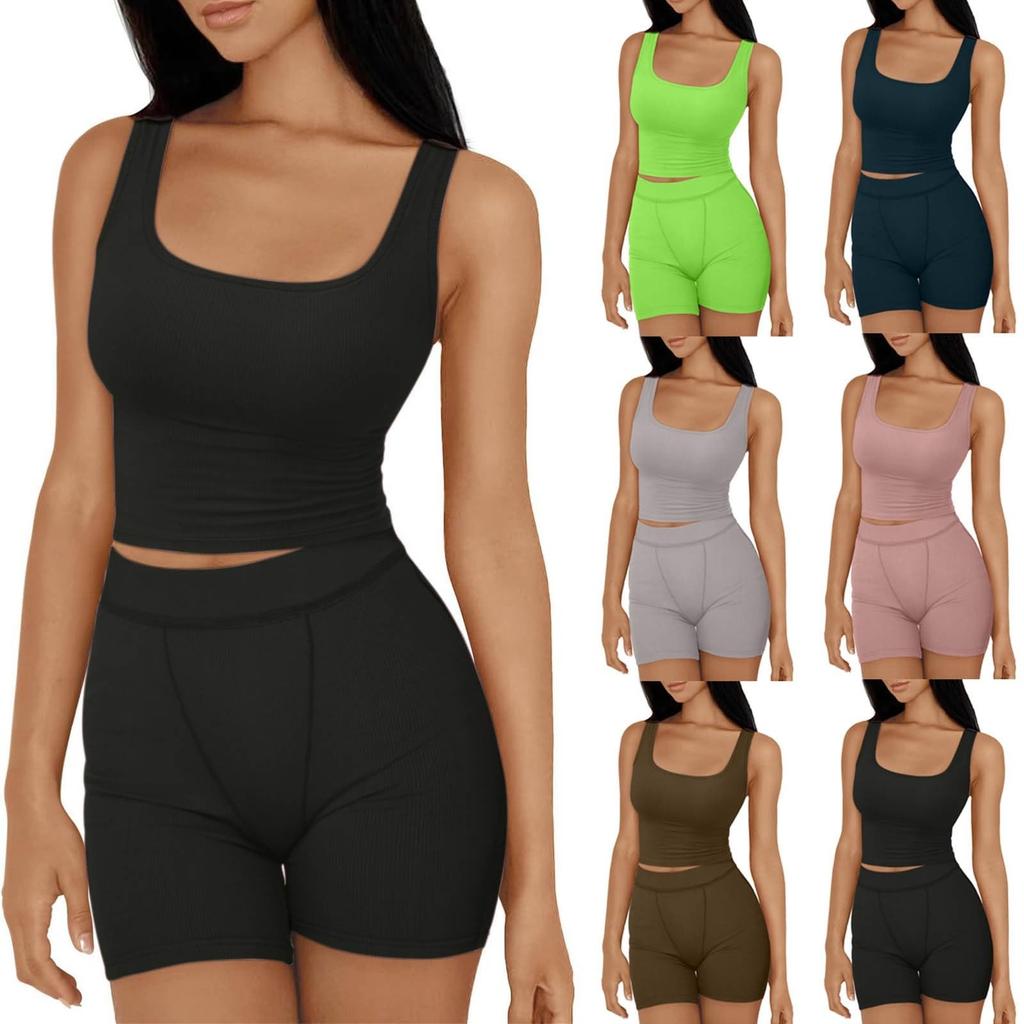 Женские комплекты из 2 предметов, летние шорты для тренировок, одинаковые комплекты, облегающие укороченные топы на бретелях, одежда для спортзала на выход