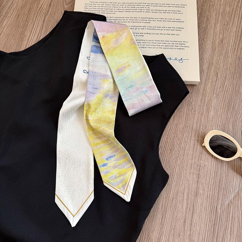 Silk Scarf Long Strip High Sense Spring and Summer Versatile Oil Painting Headscarf Headband Tied Bag Streamer Decorative Scarf Multi-purpose Belt