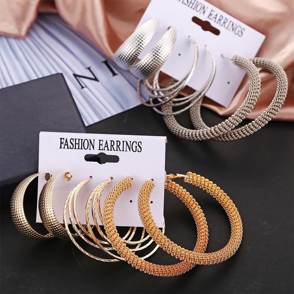 3 Pairs Of Earrings Alloy Creative Retro Style Exaggerated Golden Metal Earring Set