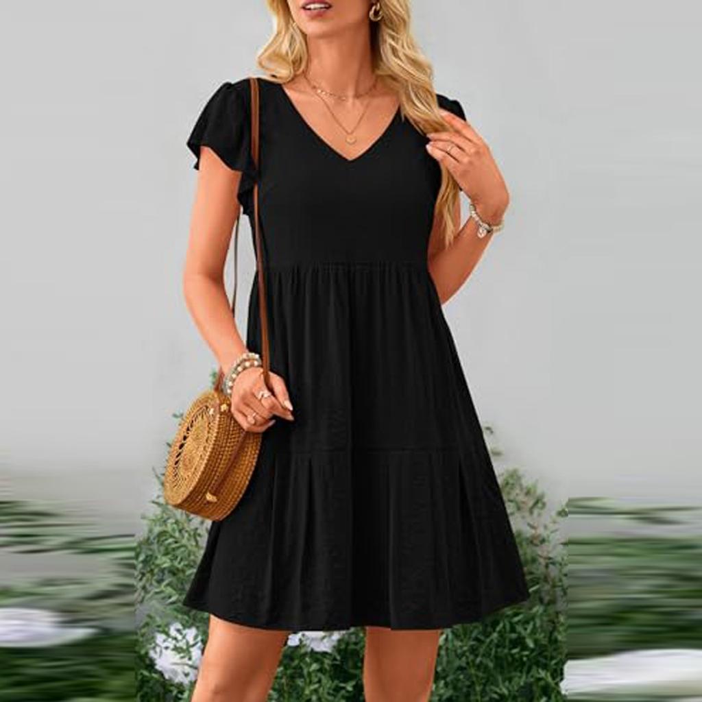 Женские летние повседневные однотонные платья с короткими рукавами и V-образным вырезом, многоуровневые платья с рюшами и трапециевидной формы с карманами