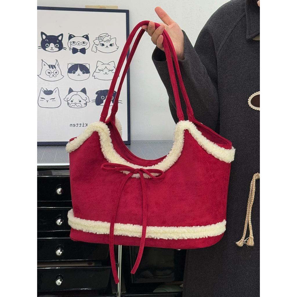 Vintage Matte Lamb Plush Tote Bag Women's 2025 New Large-capacity Bow Shoulder Bag Commuter Armpit Bag