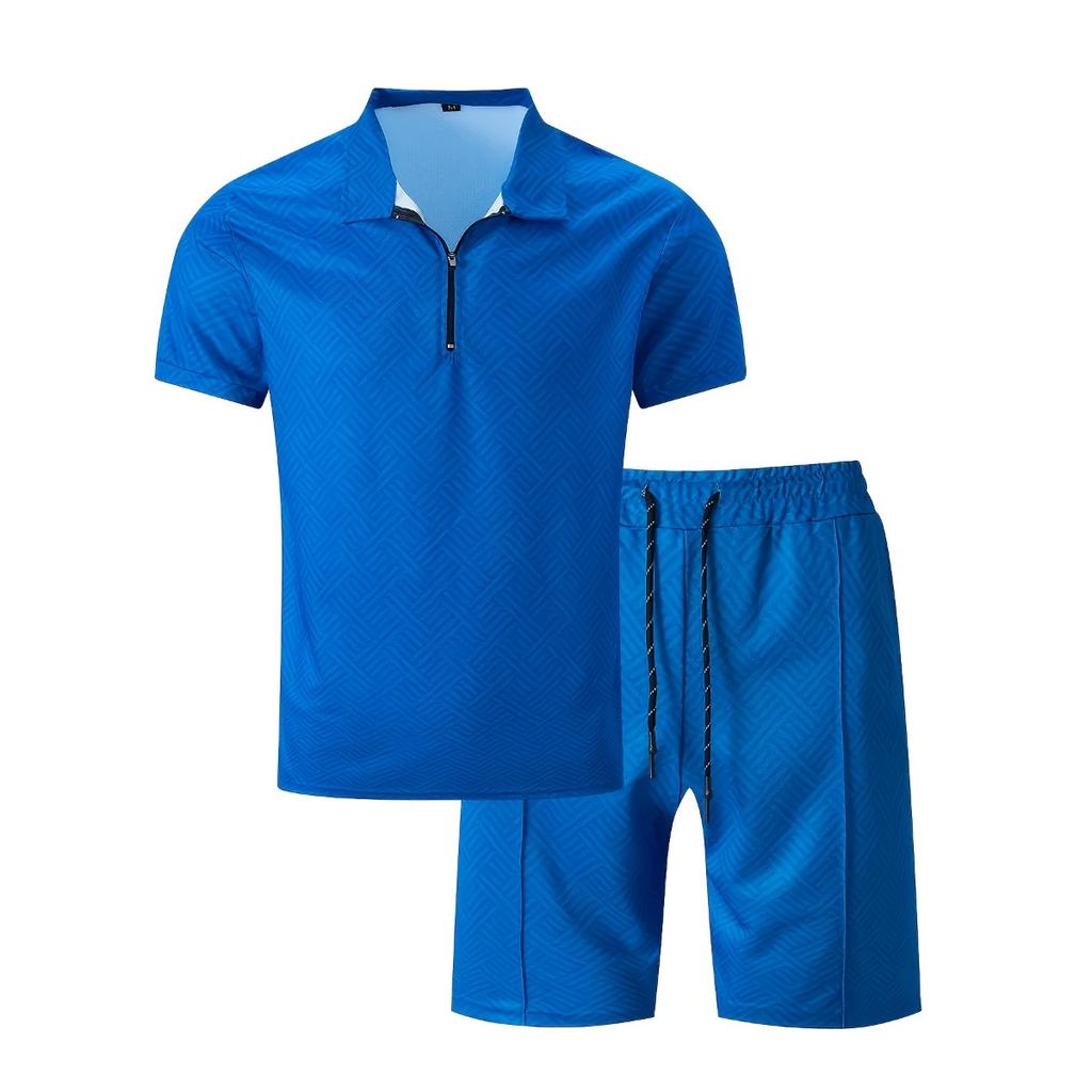 Мужской повседневный костюм с тропическим принтом - черная рубашка с коротким рукавом на молнии и белые шорты с карманами, полиэстер, машинная стирка