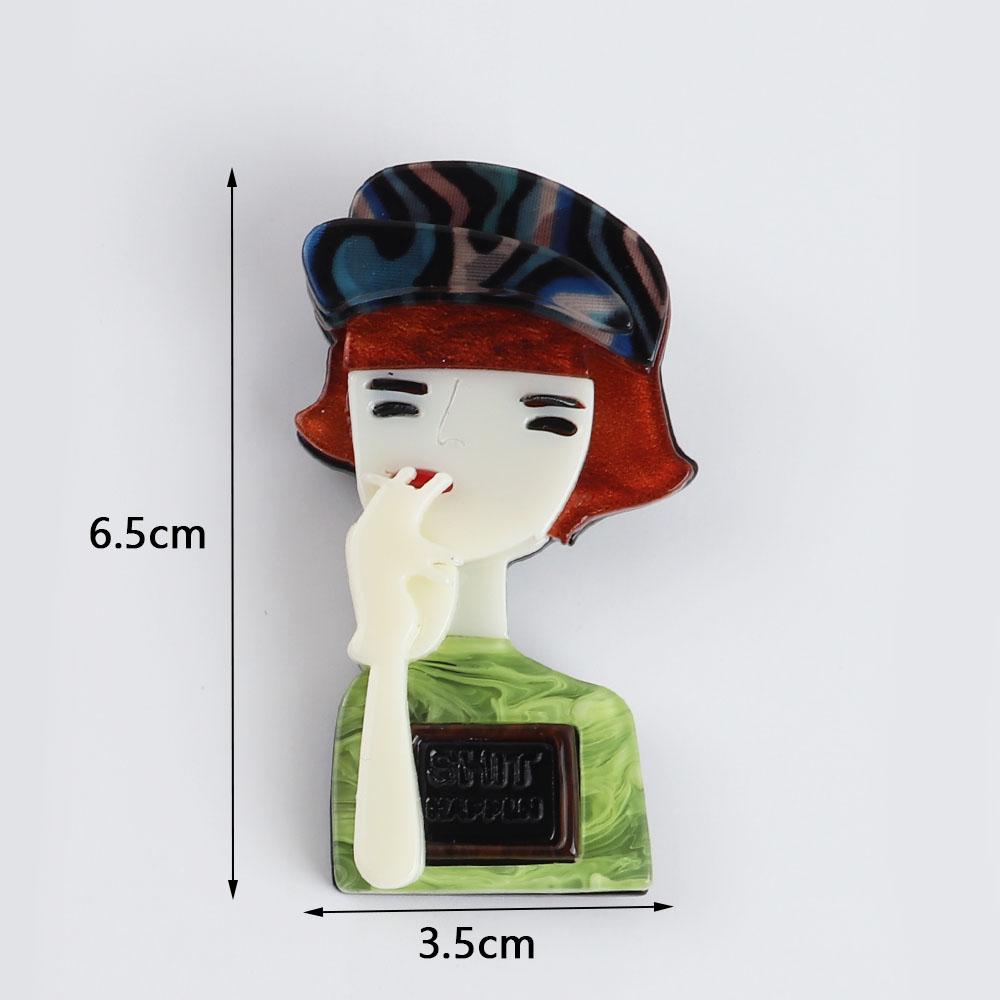 New Punk Cool Brown Hair Lady Acrylic Brooch For Women Letters Green Clothes Lapel Pins Brooches Badges Jewelry Party Dress Gift
