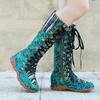 Retro Printed Knitting Wool Spliced Lacing Comfortable Flat Long Boots Genuine Leather Women Shoes