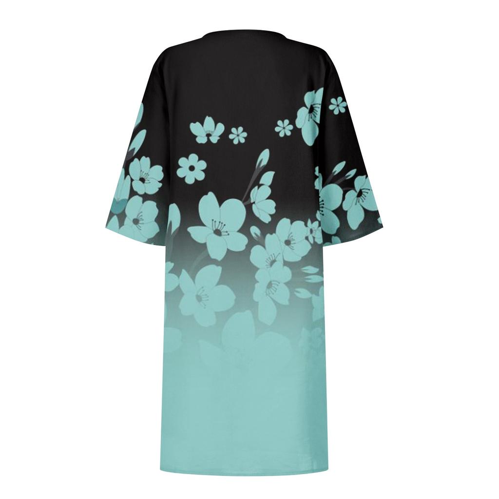 Women's Summer Casual Vintage Floral Leaf Print V-neck Half-sleeve Dress