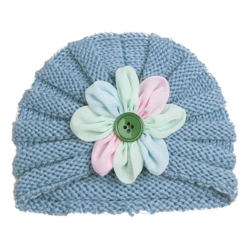 Вязаная детская шапка с пуговицами и цветком для мальчиков и девочек, осенне-зимняя теплая толстая мягкая шапочка, милая шерстяная шапочка для новорожденных малышей