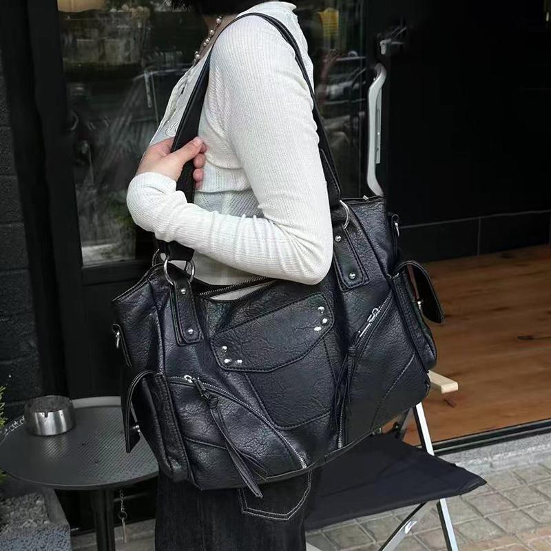 SHELKSBAG Модная женская сумка через плечо из кожи с заклепками, большая сумка кросс-боди, повседневная, ретро, однотонная, женская, для путешествий, шоппер, сумка-тоут
