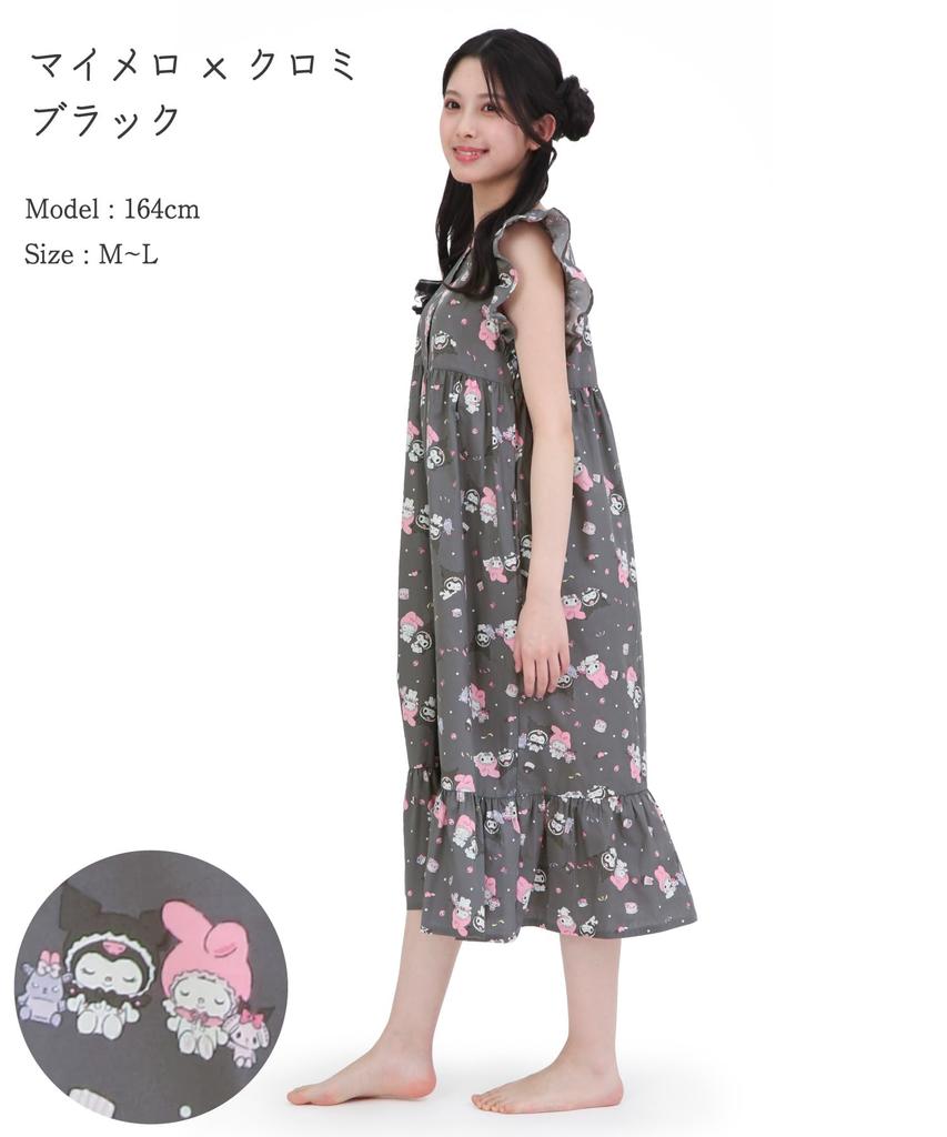 SAZAC Платье-ангел My Melody x Kuromi из хлопка, 100% поплин, женская ночная рубашка/домашняя одежда (Черный/M-L/SAN1948)