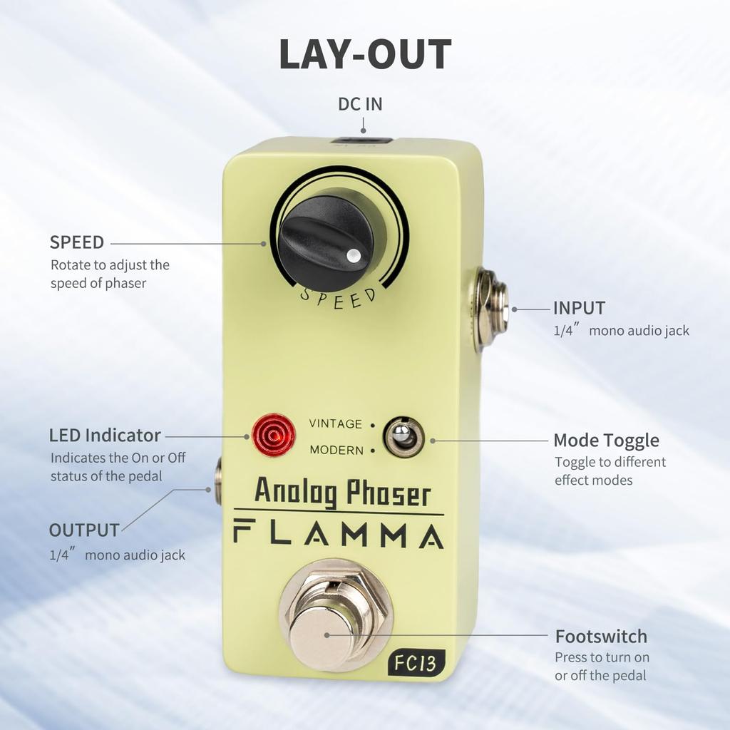 FLAMMA FC13 Phaser Guitar Pedal Analog Phase Effect Mini Pedal Classic Vintage Modern Mode True Bypass Phaser Yellow