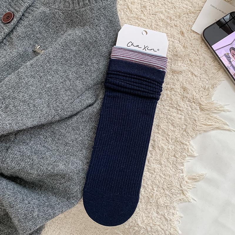 Женские носки в японском стиле в рубчик с полосками, средней длины, серая пэчворк, имитация двух пар, для весны/осени, универсальные, девичья мода