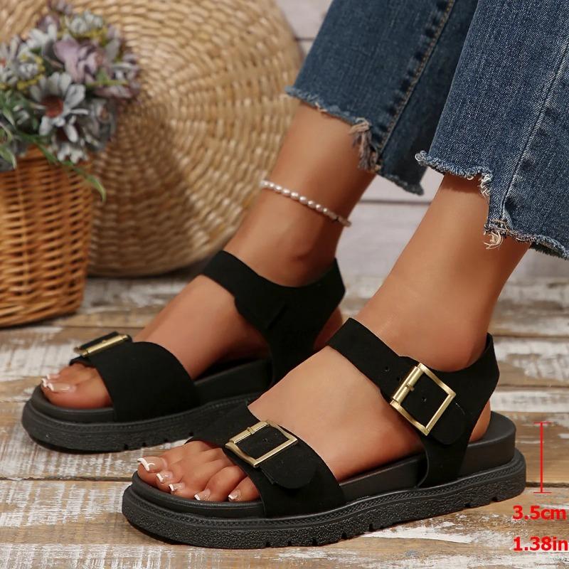 Женские сандалии с открытым носком, повседневные сандалии, брендовые сандалии на плоской подошве с ремешком и пряжкой, противоскользящие, удобные, для улицы, пляжная обувь 2025