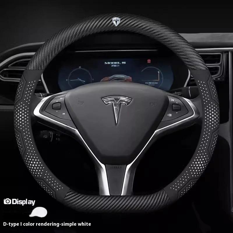 ALM1 Tesla Model 3 Y S Model X Roadster Car Carbon Fiber Suede Leather Anti-slip Breathable Car Steering Wheel Cover Auto Accessories