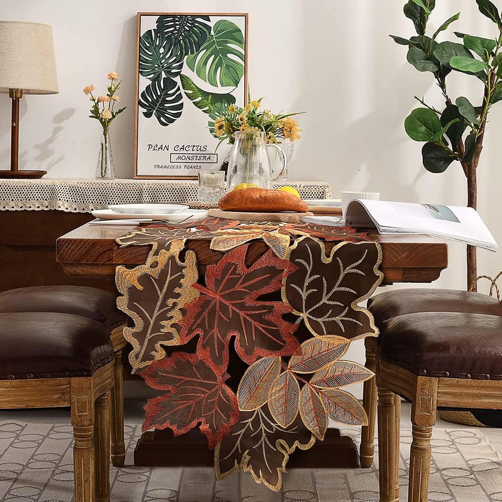 Fall Table Runner 13.7×34 Inches with Embroidered Maple Leaves, Thanksgiving Farmhouse Harvest Theme Dinning Coffee Table Decor Autumn Decorations