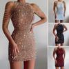 Sleeveless Tassel Shoulder Waist Tight Hip Wrap Gown Dress Women Sequin Decor Mini Halter Pencil Dress for Cocktail Party