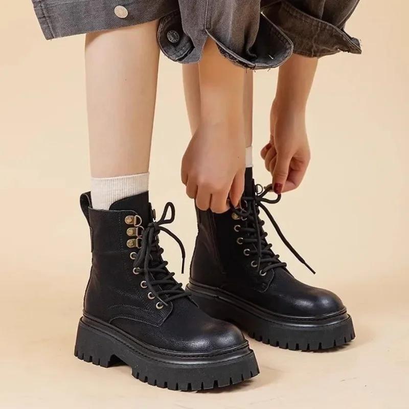Модные байкерские ботинки на толстой подошве, женские короткие туфли на платформе, кожаные женские ботильоны с круглым носком, весна 2024, осенний тренд, новинка