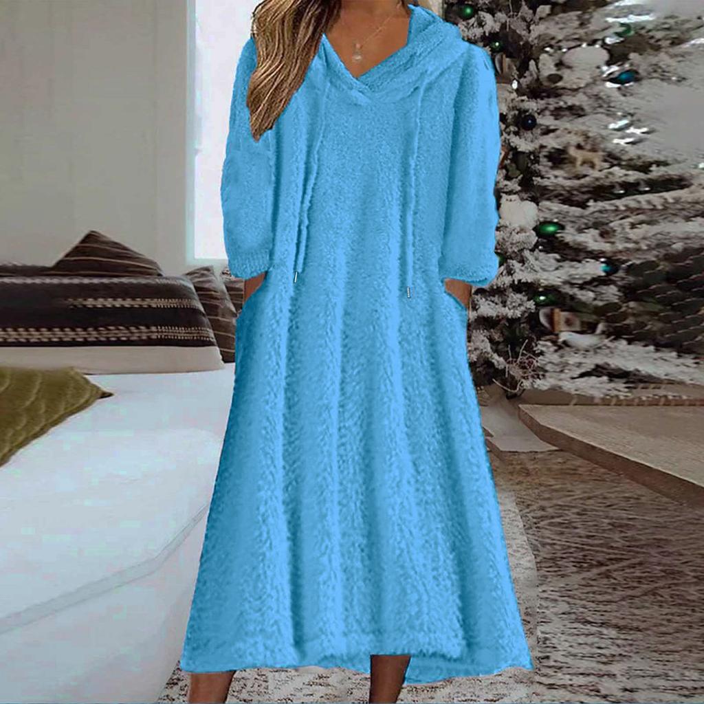 Women's Casual Round Neck Long Sleeved Pullover Loose Wool Hooded Long Sleeved Dress