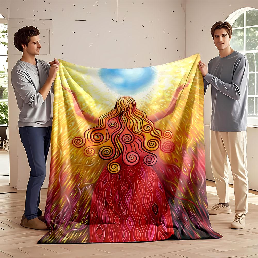 Swirling patterns in hair and dress with radiant golden and blue background. for all seasons blanket lunch break throw gift