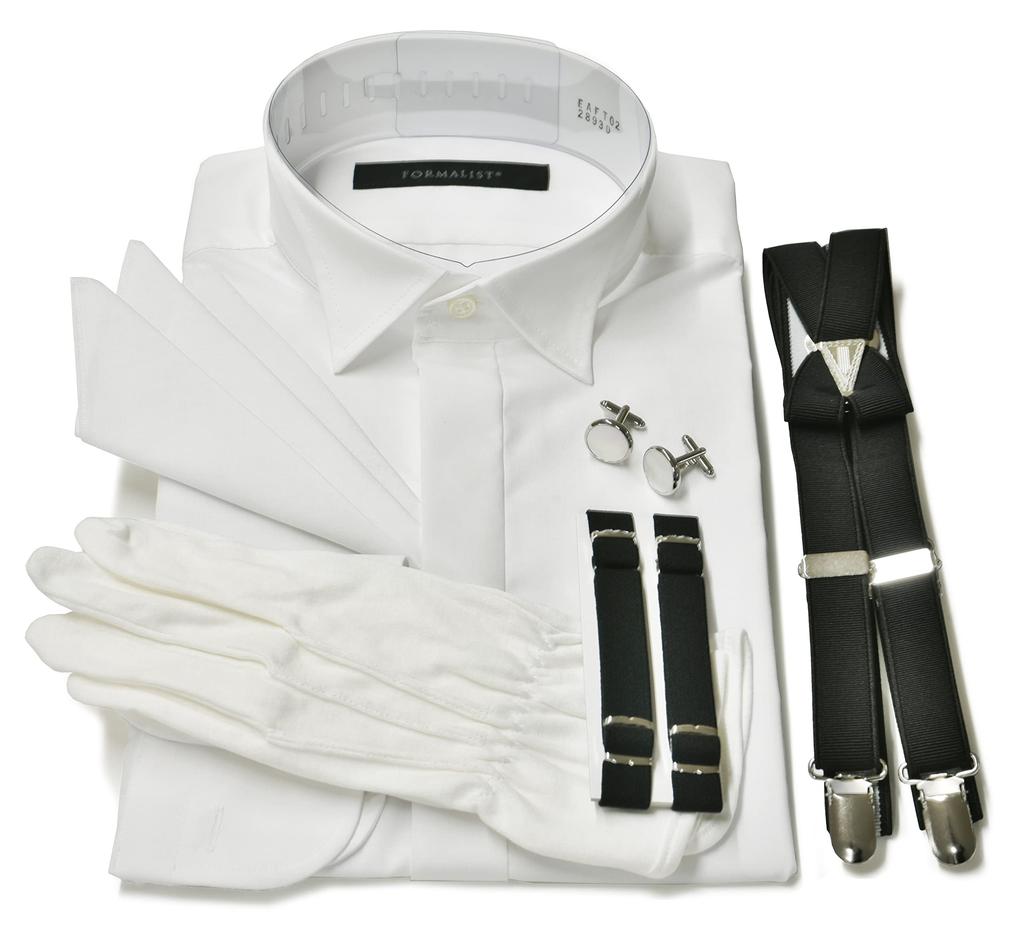 Wing Collar Shirt Accessory Set Handkerchief White Gloves 4 [Tuxedo Station] 6-piece [single Cuffs] (cotton Three-peaks), Cufflinks, Suspenders,