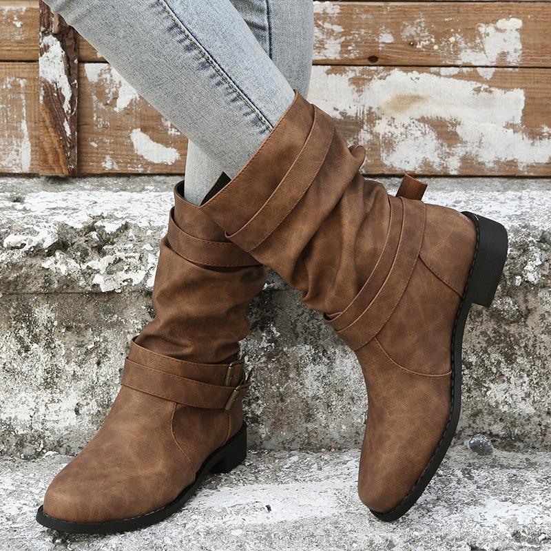 Flat Women's Boots Autumn and Winter Short Martin Boots Women's Large Size Belt Buckle Low Heel Casual Medium Boots