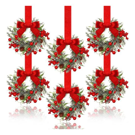 Мини Рождественский Венок с Бантом из Красного Бархата Декор Дверцы Шкафа для Кухни Окна Фермерского Дома Входной Двери Стены Камина Ягодная Гирлянда