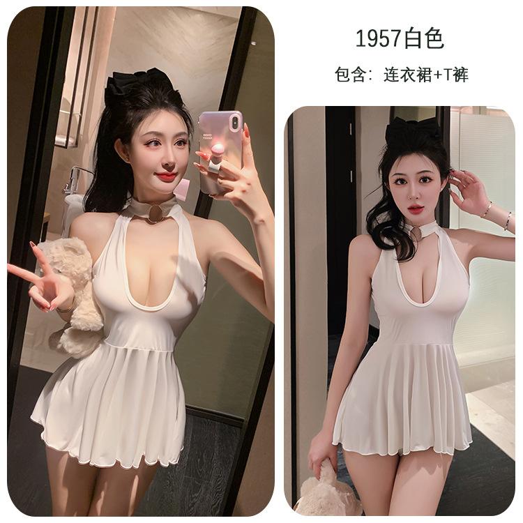 Long Night, romantic lingerie, sexy front and back, hollowed-out one-piece dress, pure sleepiness, uniform seductive set 1957
