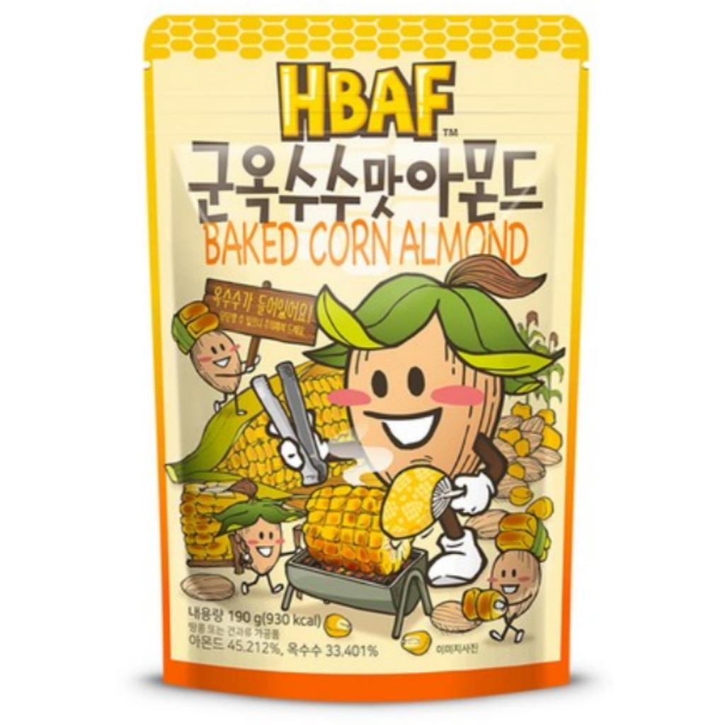 HBAF Корейские миндаль со вкусом 190 г Выберите 1 вкус Медовое масло Васаби Запеченная кукуруза Чесночный хлеб Печенье и сливки