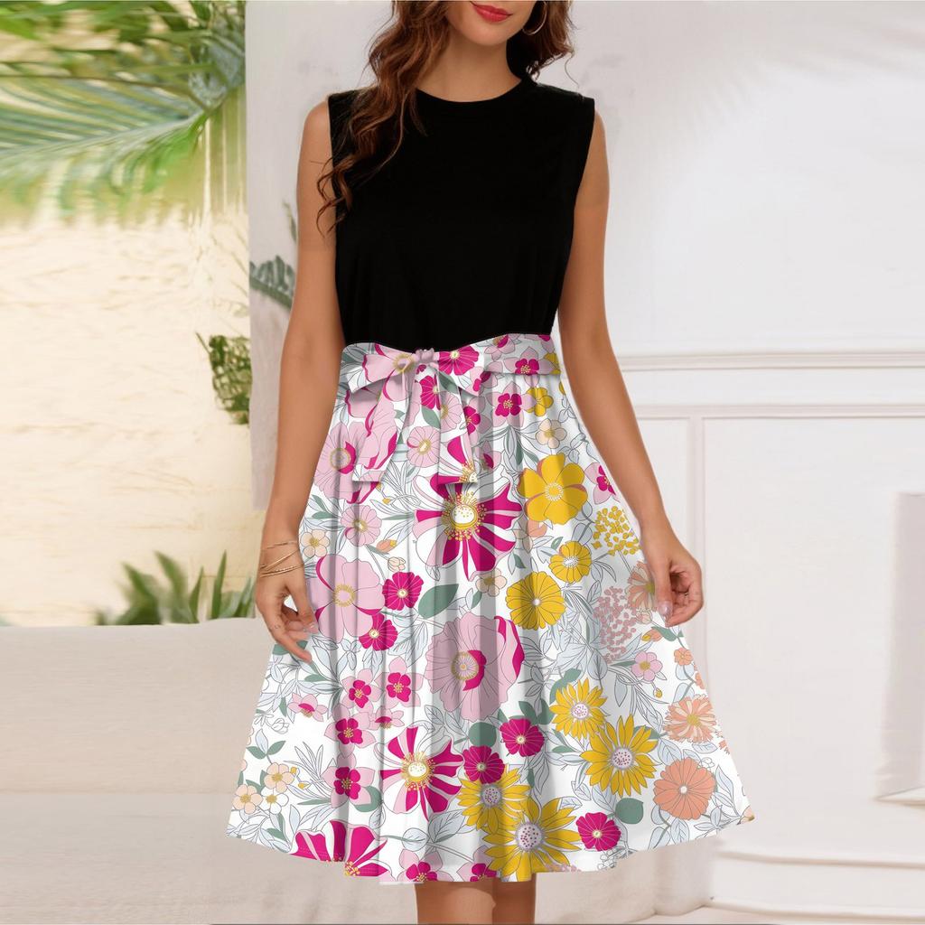 Женское модное повседневное короткое платье без рукавов со шнуровкой и круглым вырезом