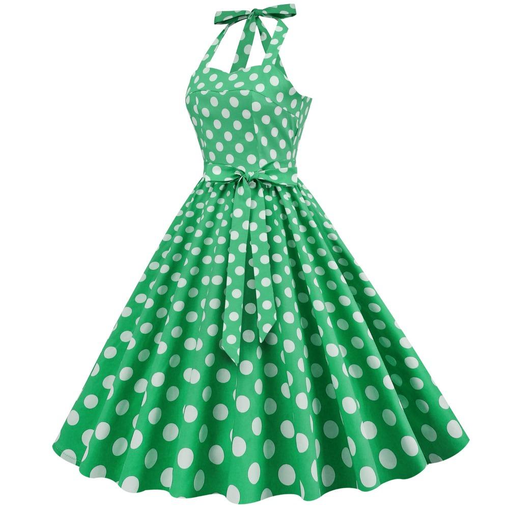 Retro polka-dot lace-up halter-neck flared ball gown performance dress, bohemian style