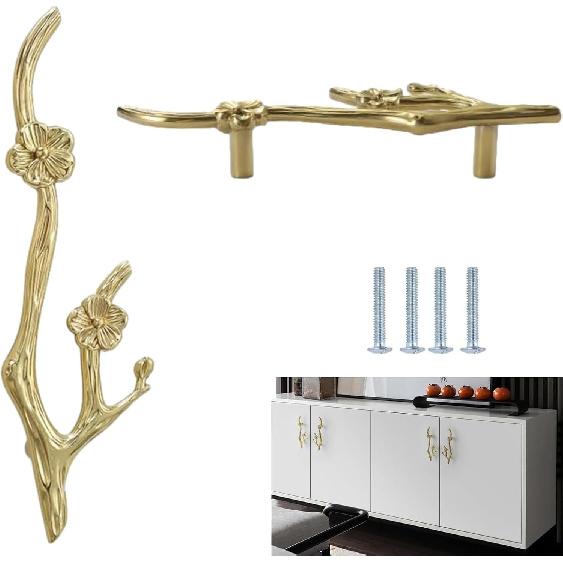 Мебельная фурнитура 2 шт. Ручка из чистой меди в китайском стиле, Ручка для ящика шкафа, Антикварная цельномедная ручка для дверцы шкафа, Тип «Цветок сливы», Большая