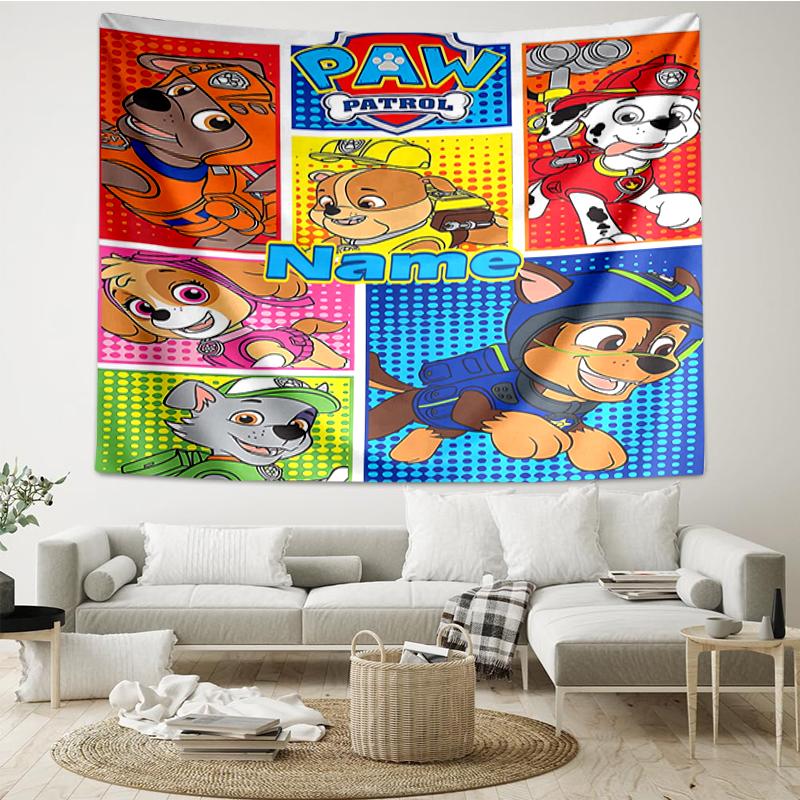 Custom Name PAW Patrol Print Tapestry, Backdrop, Easy Setup, Ideal for Bedroom, Office & Living Room, with Aesthetic Wall Hanging Decor.
