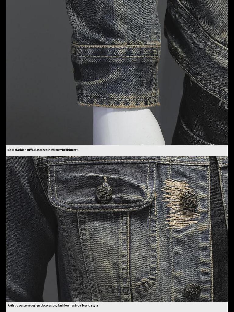 Мужская облегающая куртка из ретро-джинса 2023 года в стиле мотоцикла с рваными краями