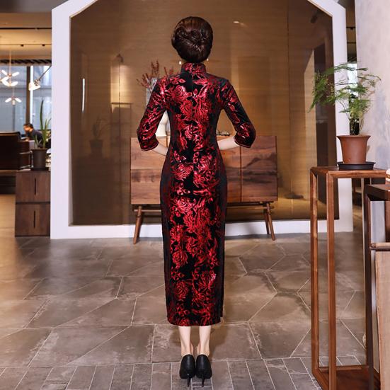 Женское платье 45720 с длинным рукавом, разрезом, цветочным принтом, китайское чонсам миди, облегающее