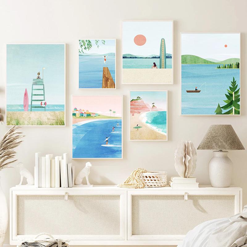 Абстрактное летнее плавание, прыжки, серфинг, морской пейзаж, постеры, холст, картина, минималистичная настенная картина, принт, гостиная, домашний декор