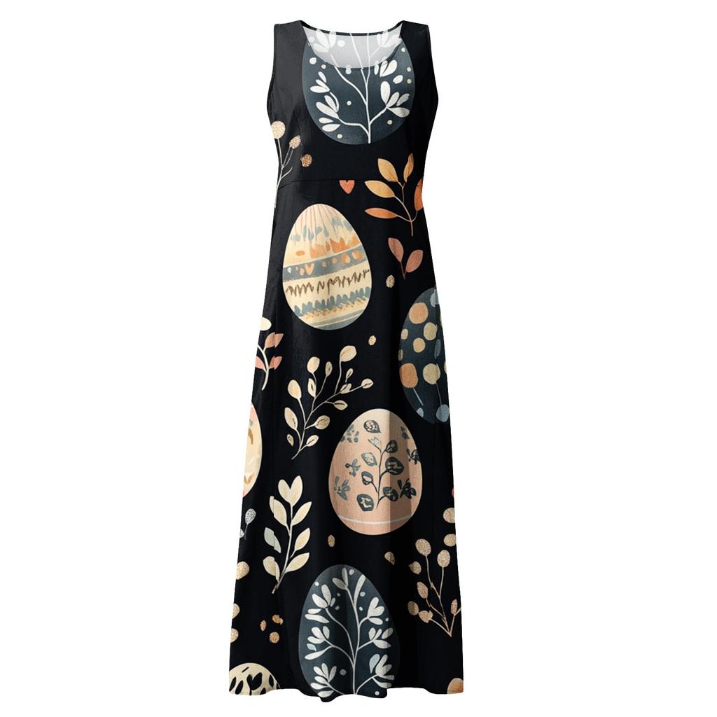 Women's Summer Casual Fashion Easter Printed Sleeveless Round Neck Pocket Dress