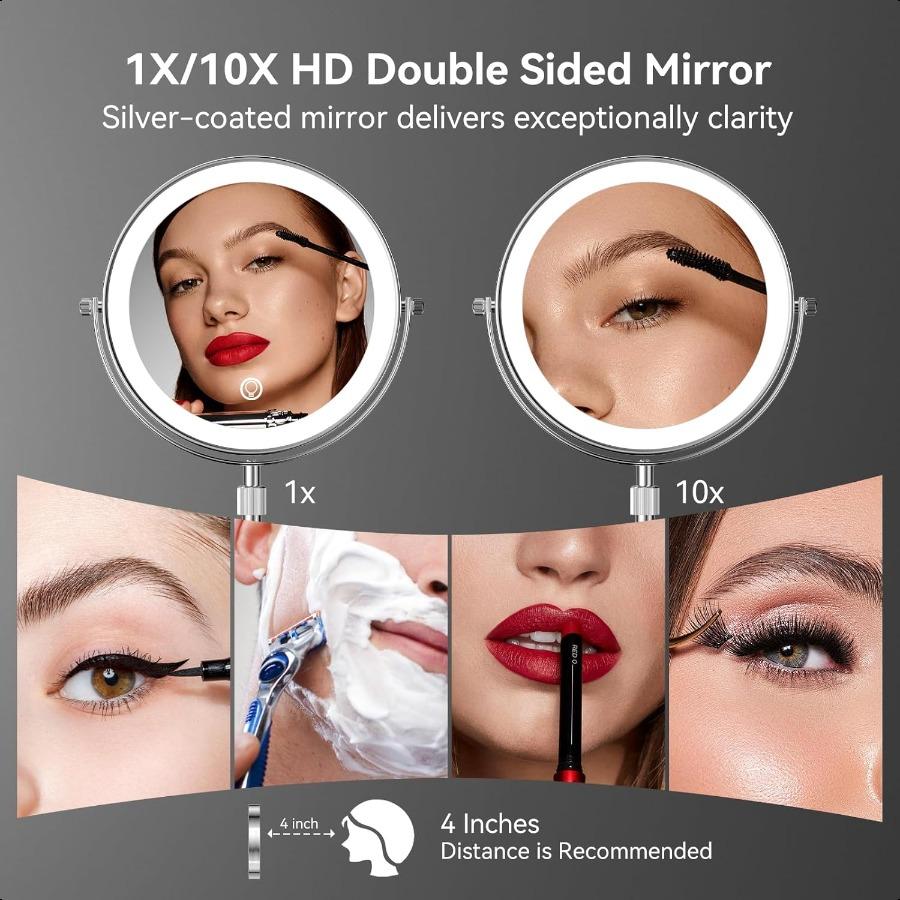 Светодиодное зеркало для макияжа настольное 10-кратное увеличительное зеркало с 3-цветной подсветкой, регулируемой яркостью, регулируемой высотой, двустороннее
