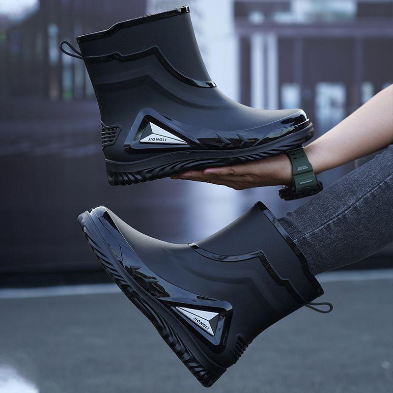 Fashion Rain Shoes Men's Short Anti Slip Mid Tube Rain Boots Short Water Shoes with Velvet Work Shoes