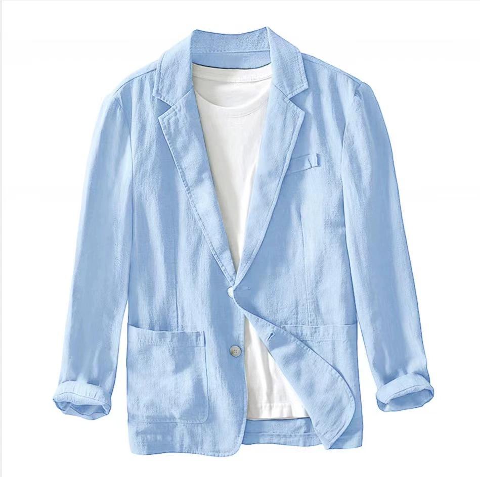 Мужской повседневный костюм, однослойная куртка, однотонный хлопок, лен, повседневный модный мужской топ