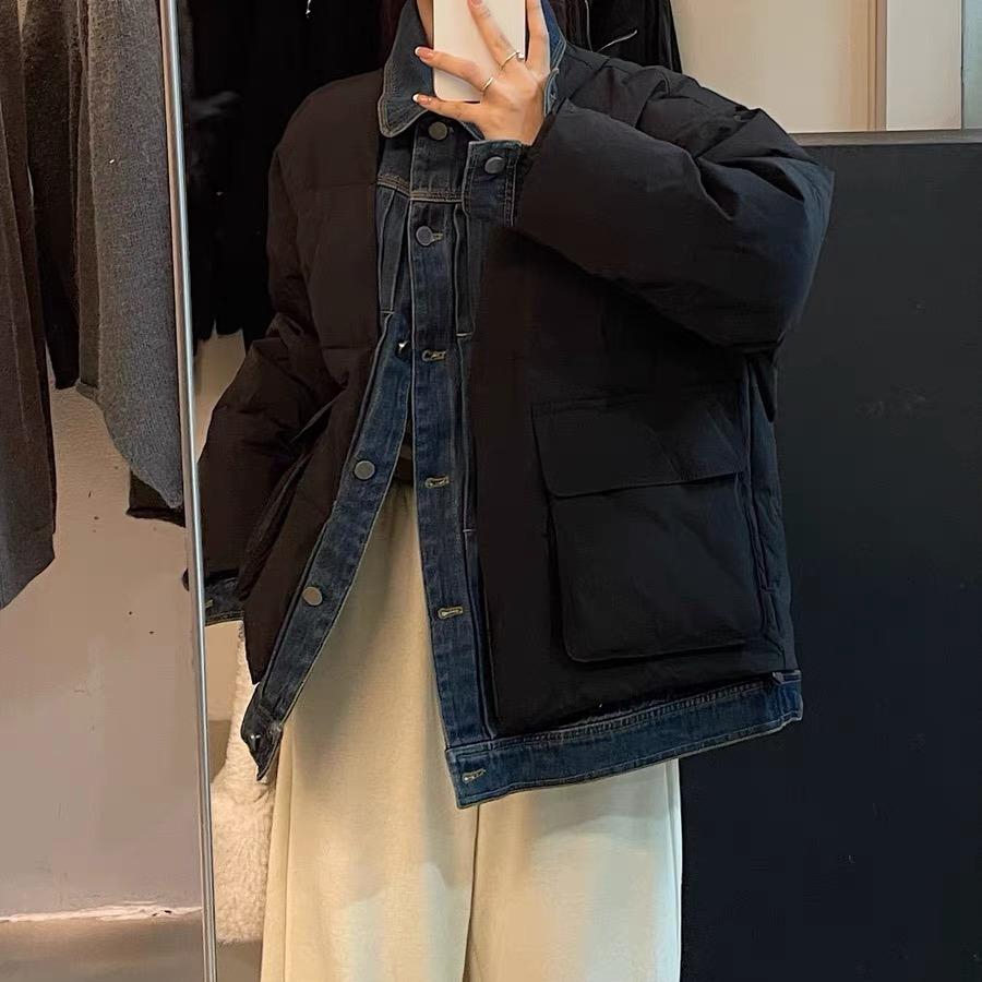 Комфортное зимнее джинсовое пальто с хлопковой подкладкой из двух частей с большими карманами для женщин