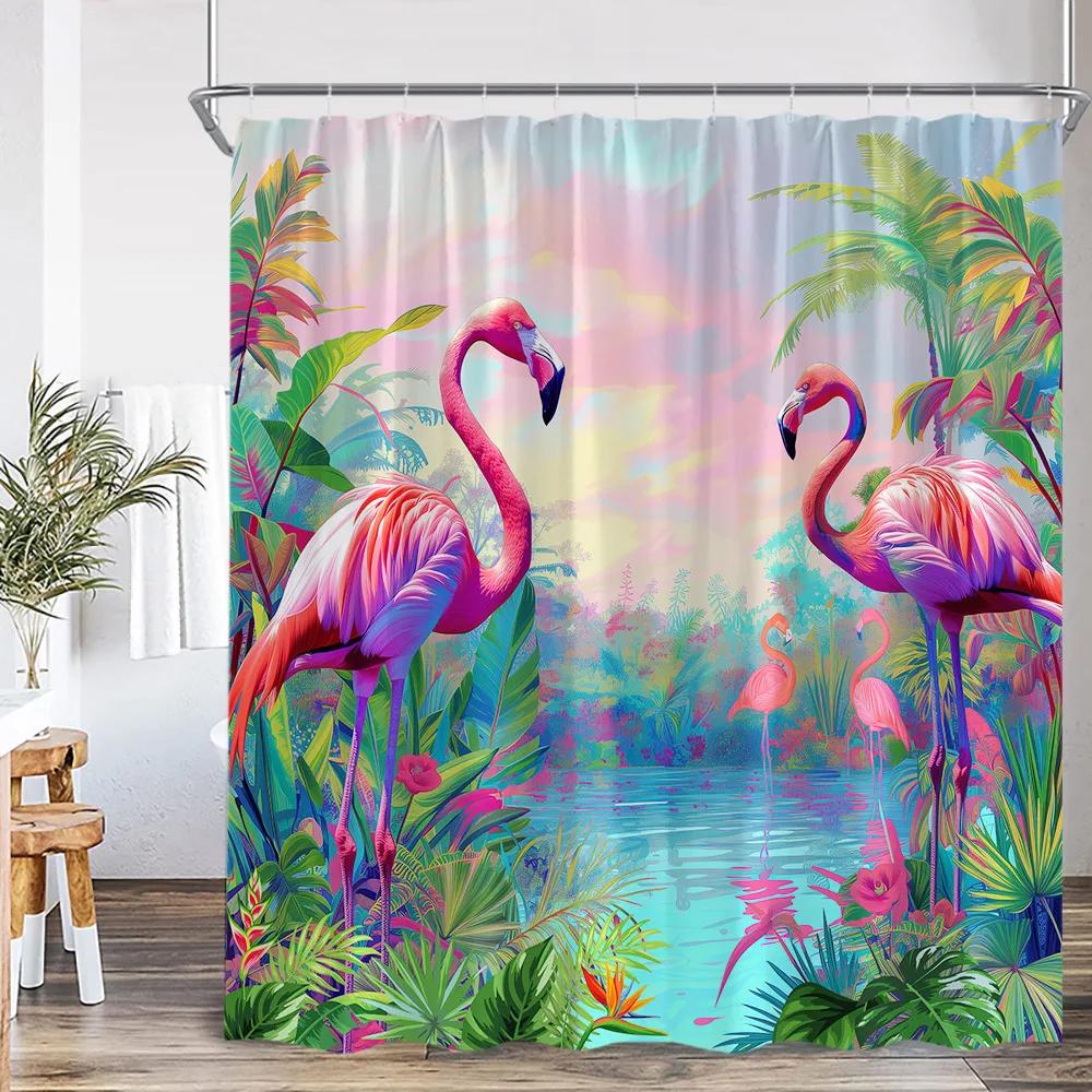 Набор штор для душа Фламинго Розовая птица Тропический лист Тропический лес Джунгли Декор для ванной Весна Лето Коврик для ванной Крышка для унитаза