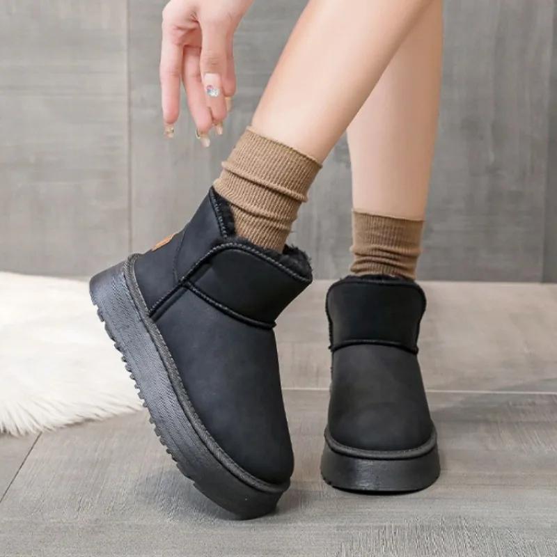 Мода 2024 Бренд Женская обувь Слипоны Женские ботинки Модные Круглый носок Повседневные ботинки Женские Зимние Плюс Бархат Однотонные Снежные ботинки Zapatos