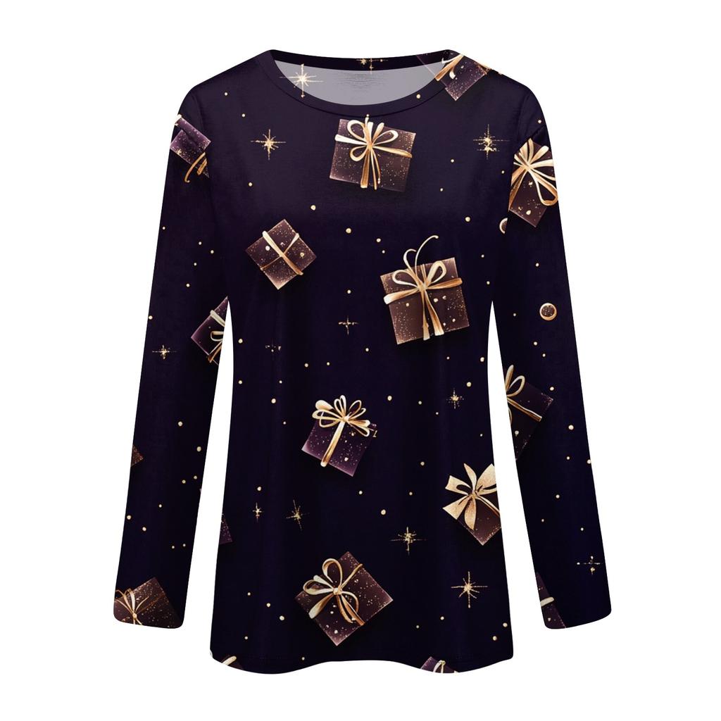 Рубашки с длинным рукавом для женщин Милые принты Футболки Блузки Повседневные Большие размеры Базовые топы Пуловеры Рождественские