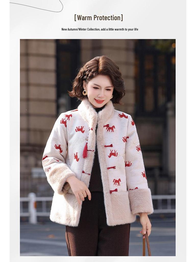 Chinese Style Jacquard Cotton-Padded Jacket - Thick, Fleece-Lined Winter Outerwear for Moms