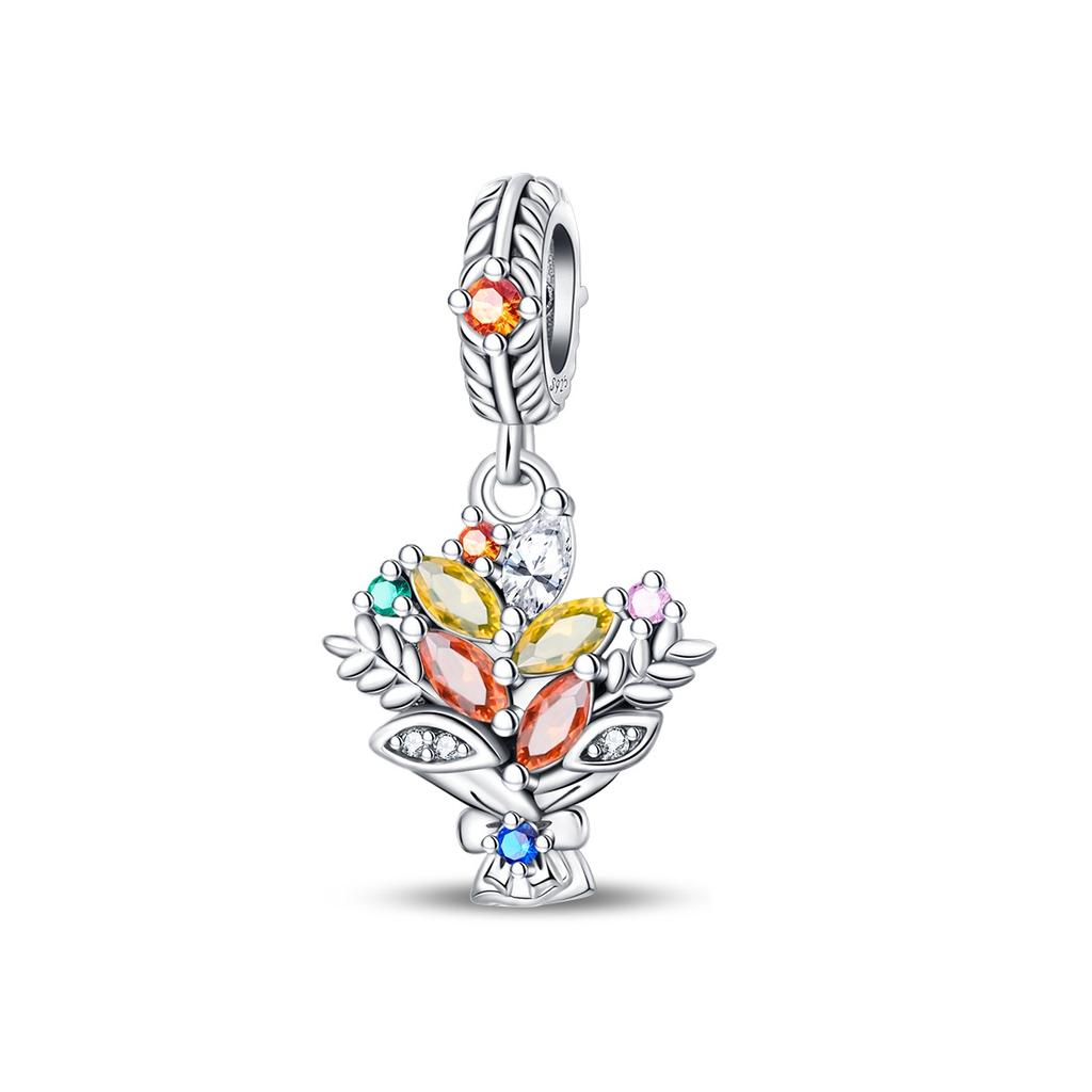 Copper Cute Colorful Flowers Charms Pendant Elegant Romantic Beads Fit Original Bracelet Diy Birthday Jewelry Gift