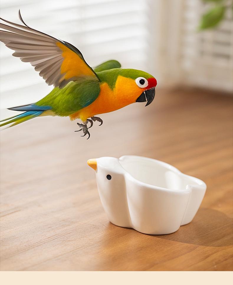 Ceramic Bird-Shaped Splash-Proof Parrot Feeding Bowl for Budgies & Cockatiels