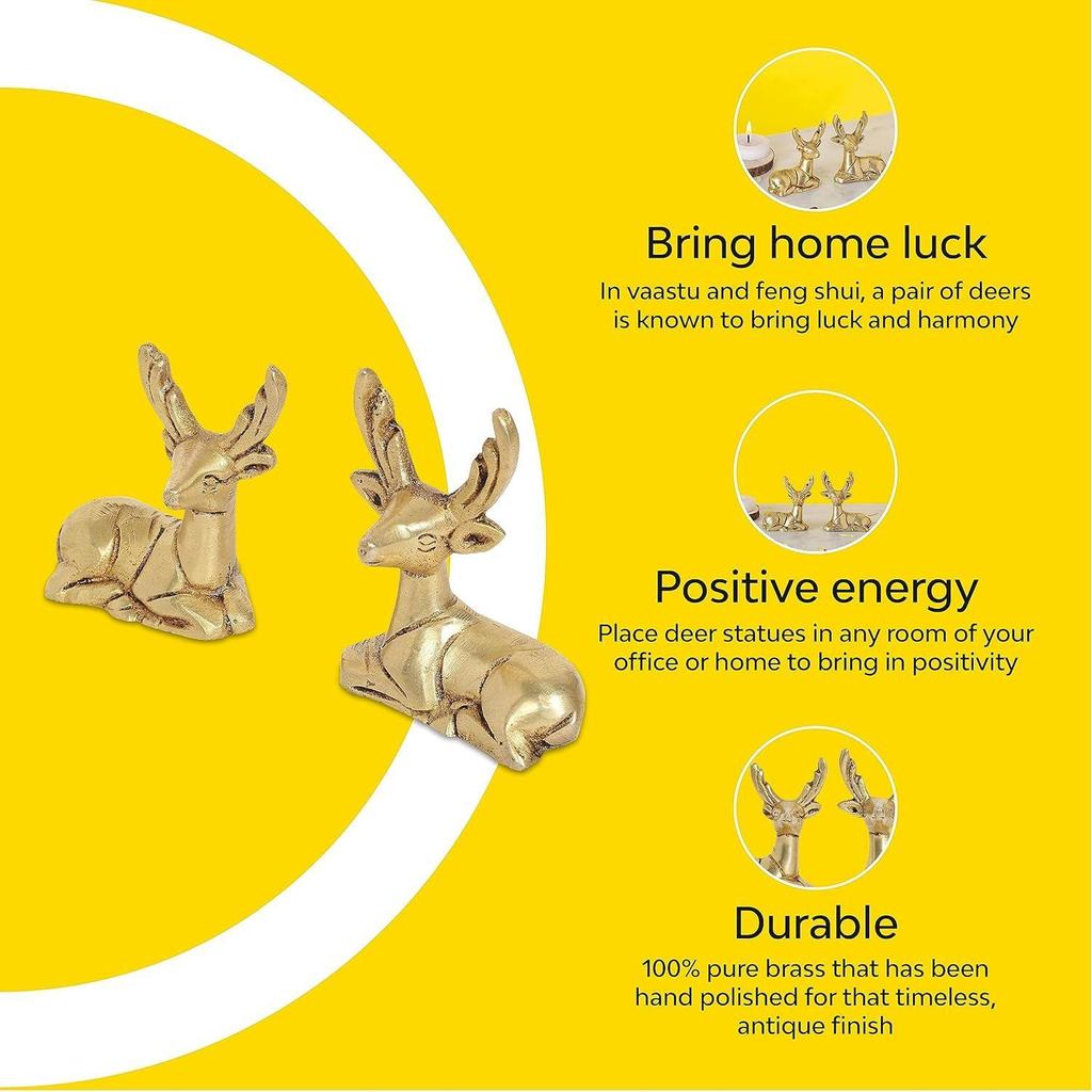 Brass Deer for Home Decor - 2 Piece 100% Pure Brass | Decorative Brass Deer for Desk, Car, and Home Decor | Yellow Antique Finish for Gifting