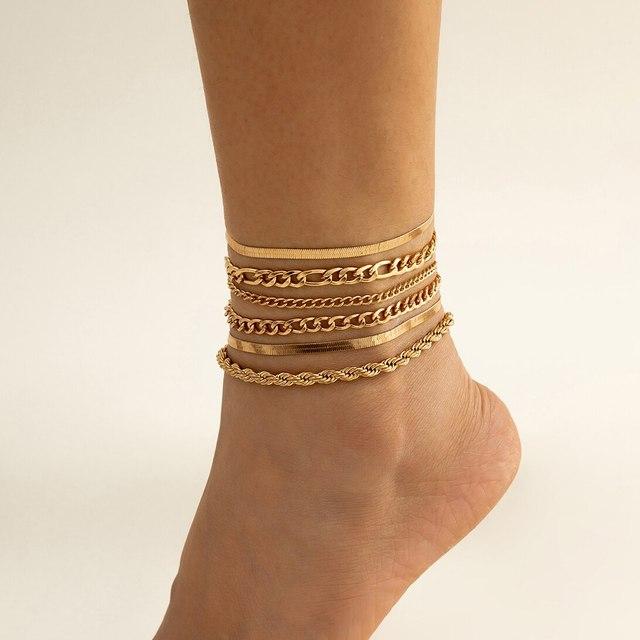 6Pcs/Set Boho Twisted Flat Snake Chain Anklet for Women Summer Beach Vintage Barefoot Ankle Bracelet On Leg Jewelry Accessories