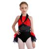 Girls Dance Costume Turn-Down Collar Sleeveless Sheer Mesh Keyhole Back Shiny Sequins Feather