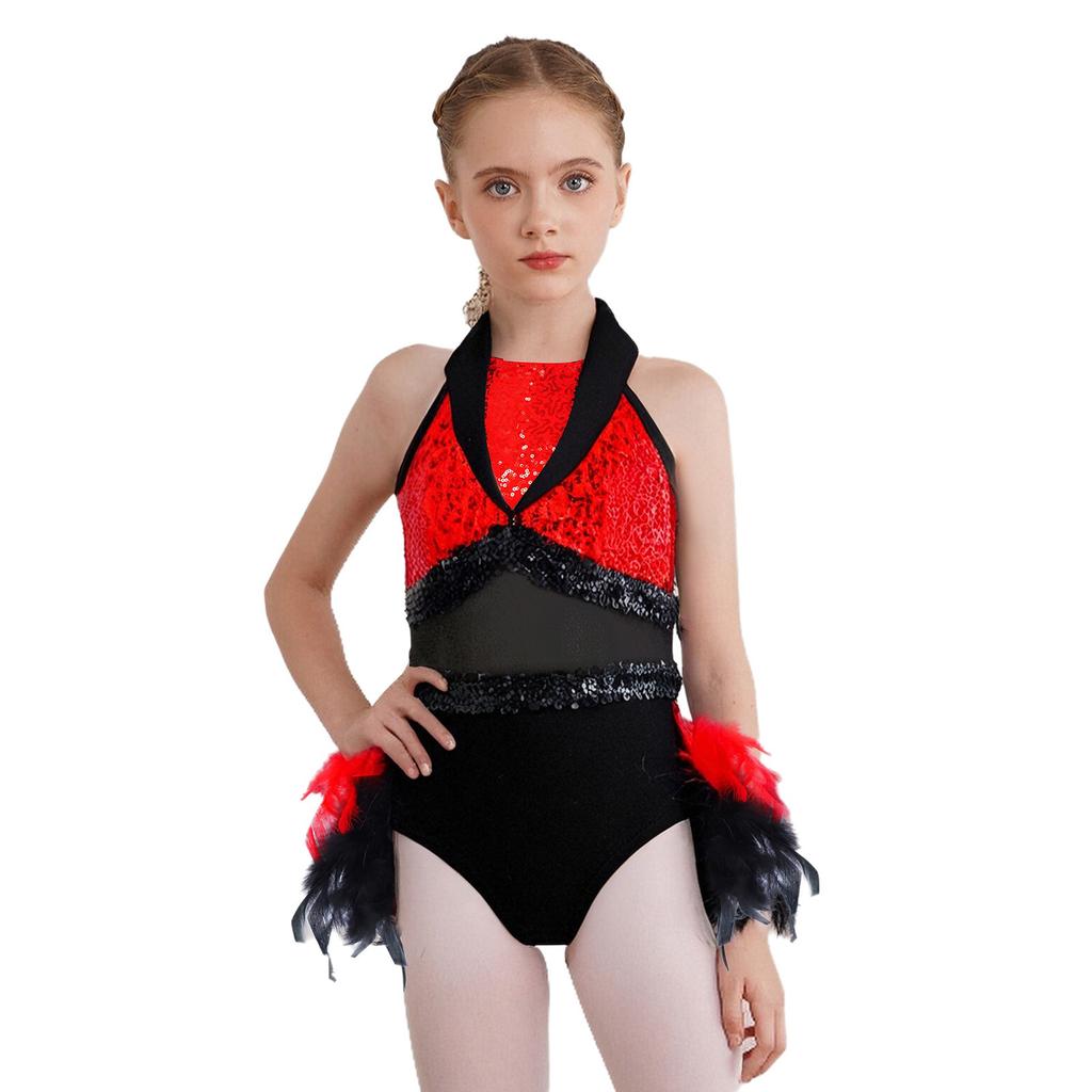 Girls Dance Costume Turn-Down Collar Sleeveless Sheer Mesh Keyhole Back Shiny Sequins Feather